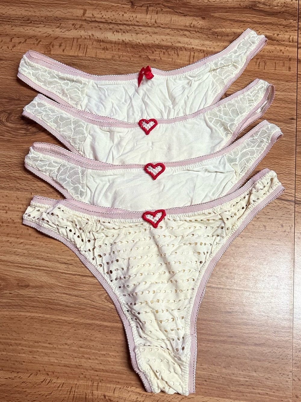 Set of 4 Cream & Pink Heart-Trim Thong Panties